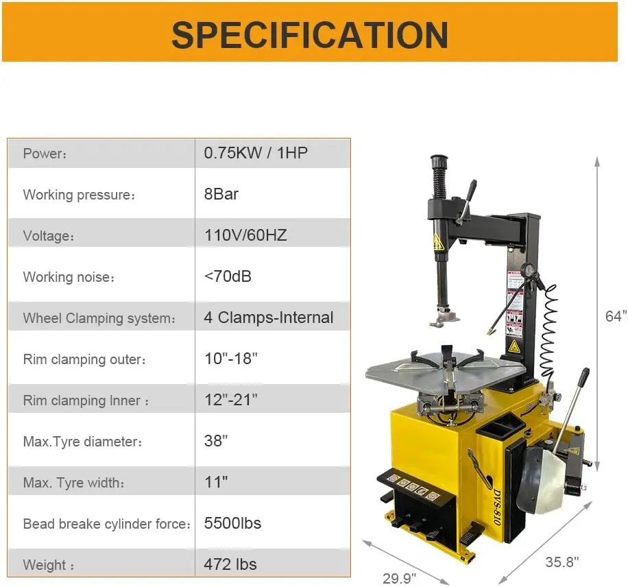 1.5HP Tire Changer Machine with Assist Arms, 110V Wheel Changer Tire Machine, Heavy Duty Swing Arm Tire Repair Equipment for Garage & Shop - Image 7