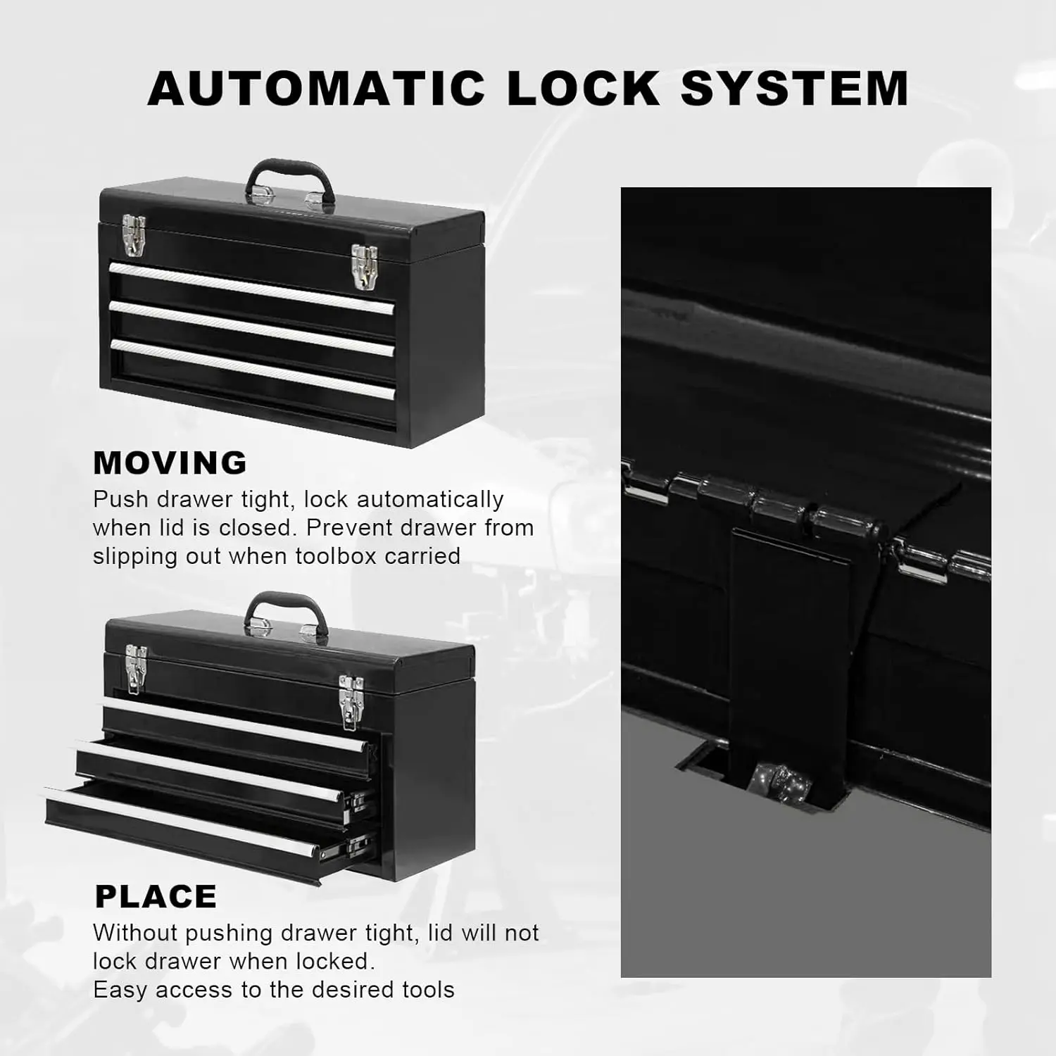 3 Drawer 20“ Metal Tool Box Portable Steel Tool Chest with Metal Latch Closure for Garage, Home and Workbench - Image 10