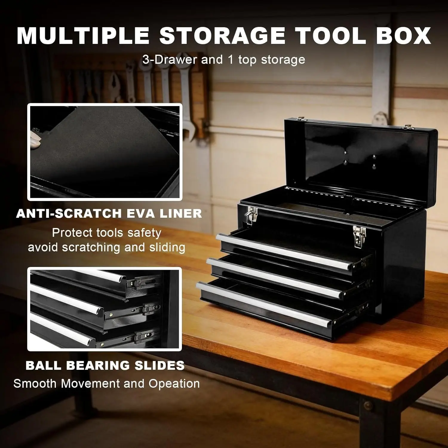 3 Drawer 20“ Metal Tool Box Portable Steel Tool Chest with Metal Latch Closure for Garage, Home and Workbench - Image 11