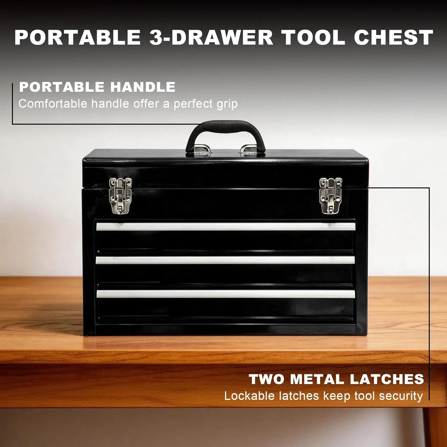 3 Drawer 20“ Metal Tool Box Portable Steel Tool Chest with Metal Latch Closure for Garage, Home and Workbench - Image 12