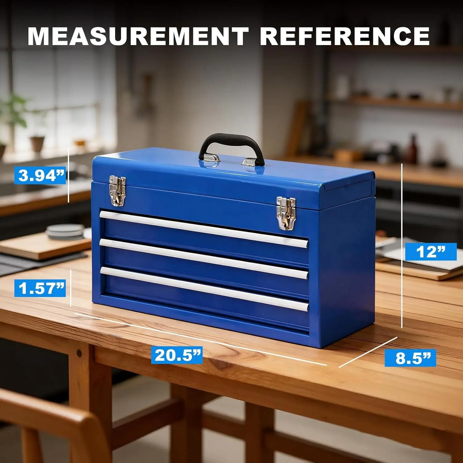 3 Drawer 20“ Metal Tool Box Portable Steel Tool Chest with Metal Latch Closure for Garage, Home and Workbench - Image 2
