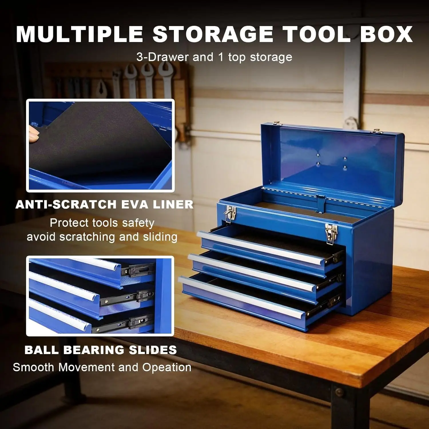 3 Drawer 20“ Metal Tool Box Portable Steel Tool Chest with Metal Latch Closure for Garage, Home and Workbench - Image 3