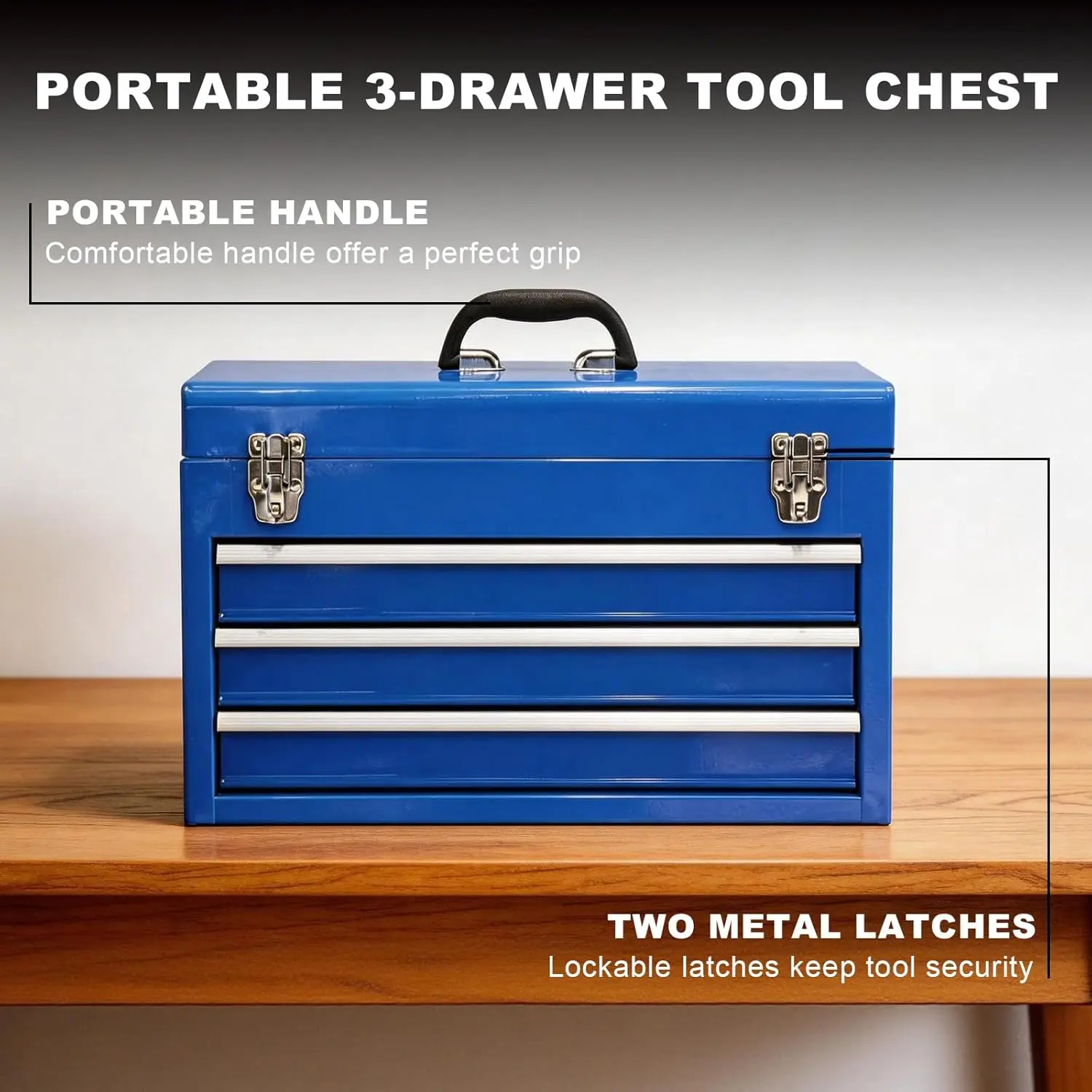 3 Drawer 20“ Metal Tool Box Portable Steel Tool Chest with Metal Latch Closure for Garage, Home and Workbench - Image 4