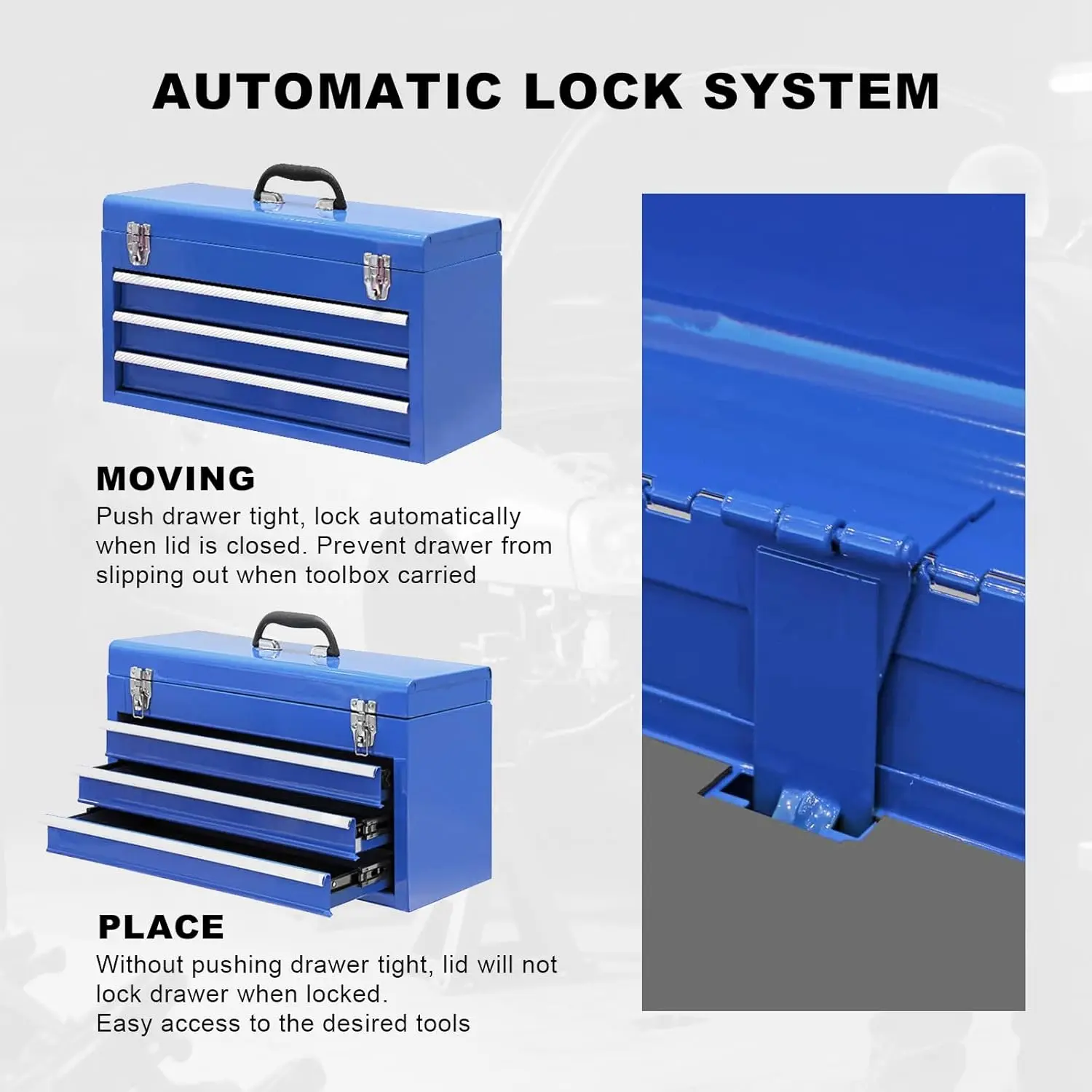 3 Drawer 20“ Metal Tool Box Portable Steel Tool Chest with Metal Latch Closure for Garage, Home and Workbench - Image 5