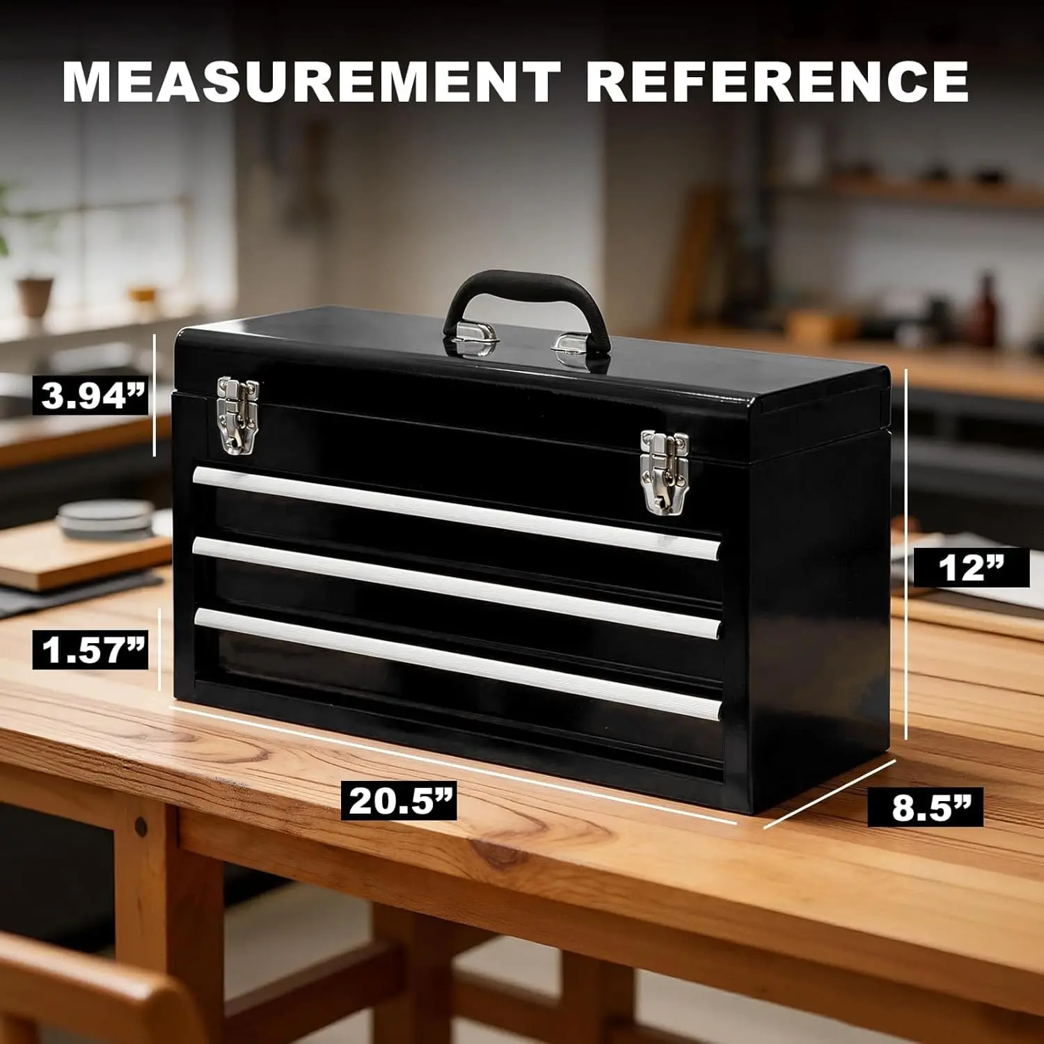 3 Drawer 20“ Metal Tool Box Portable Steel Tool Chest with Metal Latch Closure for Garage, Home and Workbench - Image 9