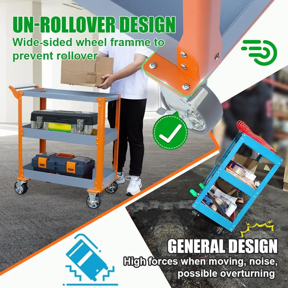 3-Tier Utility Cart 1000lbs Capacity Heavy Duty Metal Service Cart with Wheels - Image 4