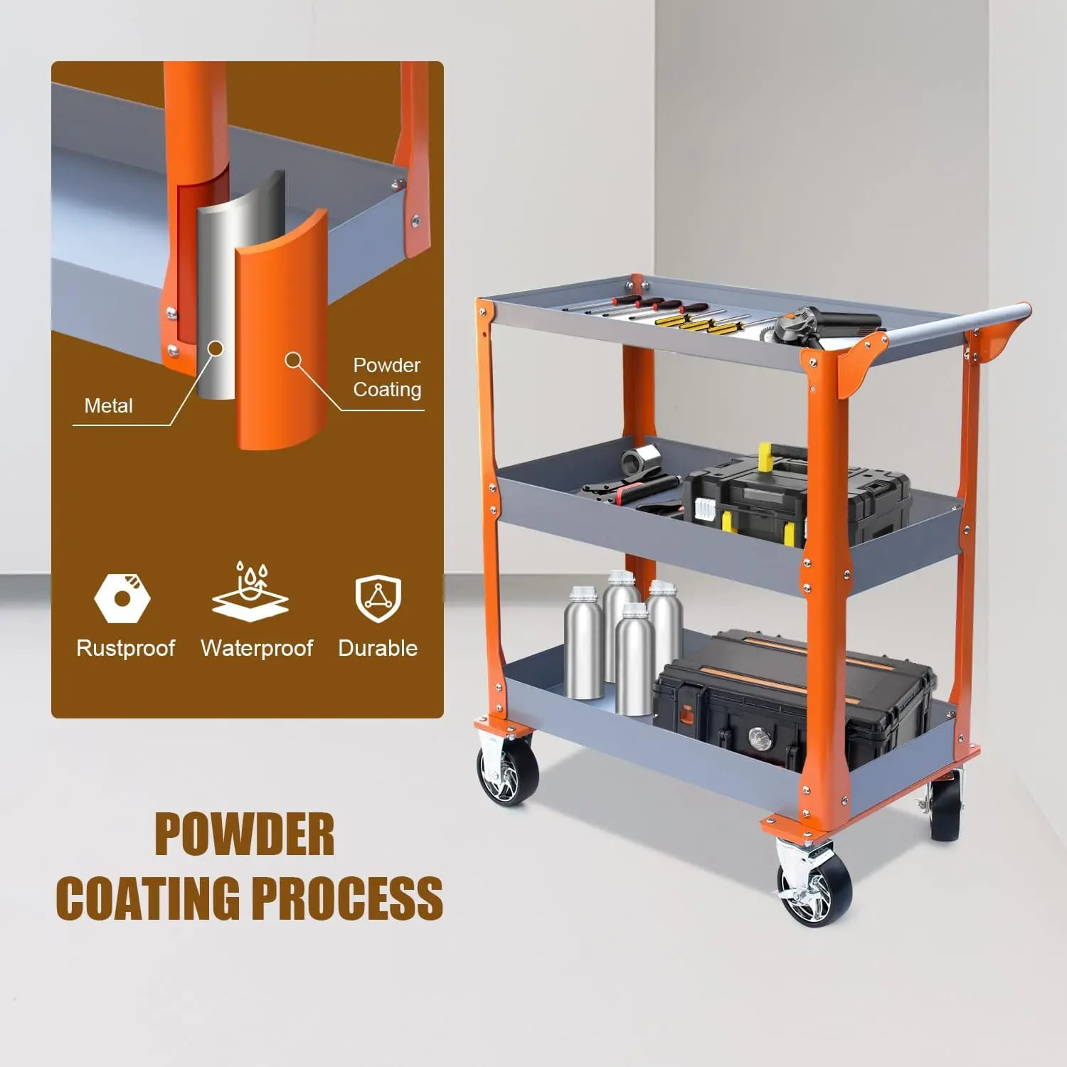 3-Tier Utility Cart 1000lbs Capacity Heavy Duty Metal Service Cart with Wheels - Image 7