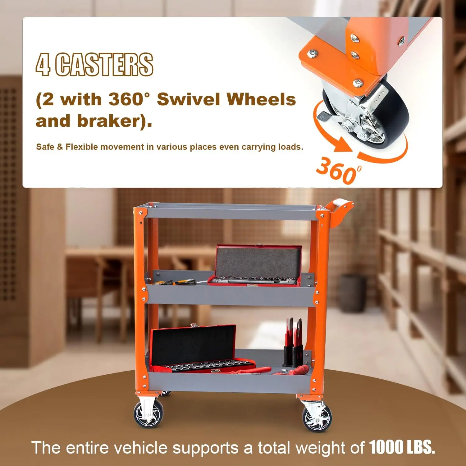 3-Tier Utility Cart 1000lbs Capacity Heavy Duty Metal Service Cart with Wheels - Image 8
