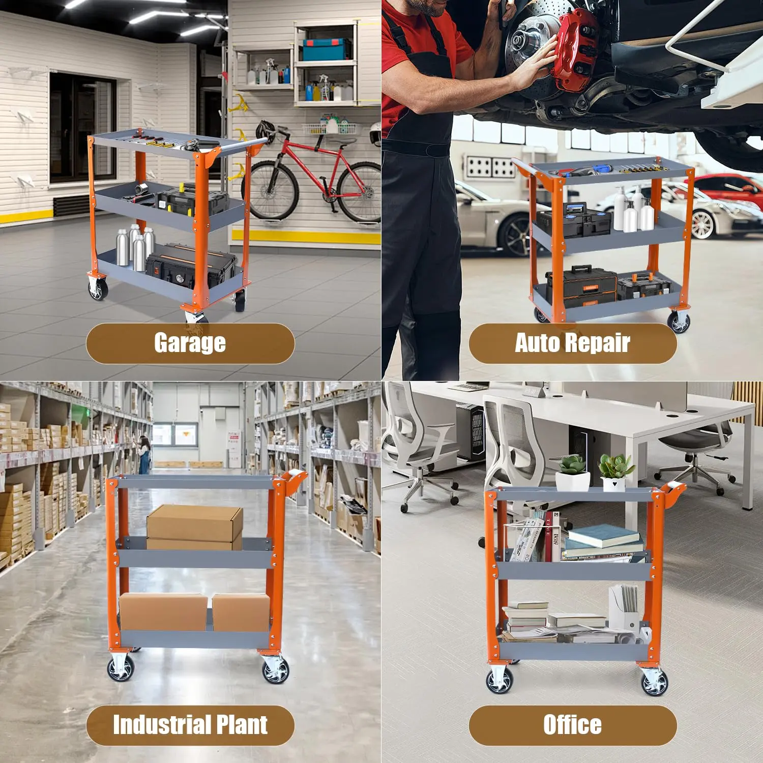 3-Tier Utility Cart 1000lbs Capacity Heavy Duty Metal Service Cart with Wheels - Image 9