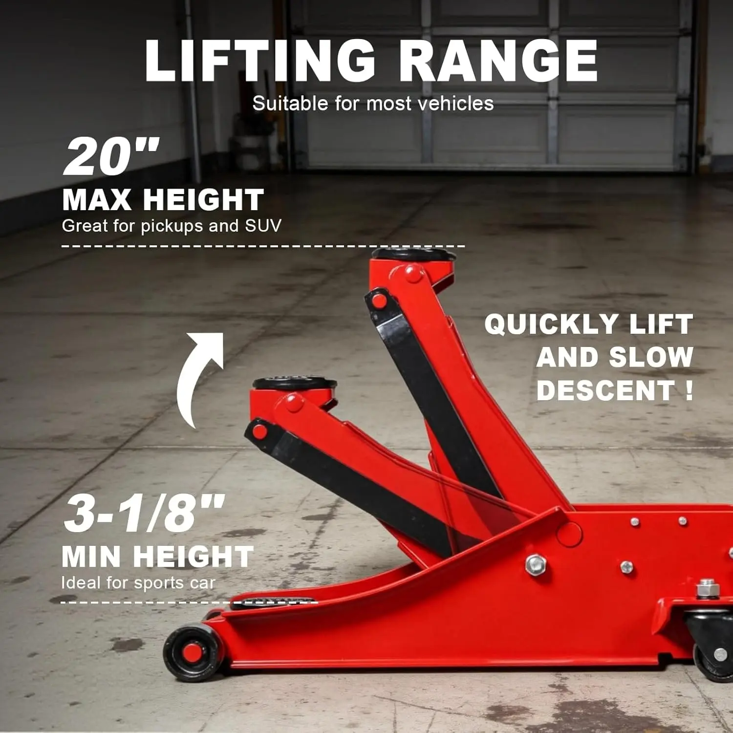 TCE 3 Ton Floor Jack, 6600LBS Capacity Hydraulic Car Jack, Low Profile Portable Jack with Dual Pumps, Quickly Lift Steel Service Jack, Lifting Range 3-1/8" Min to 20" Max Red - Image 2