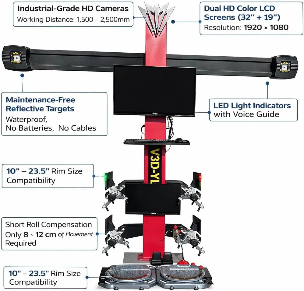 3D Wheel Alignment Machine, Dual Screen, 10–23.5" Rim Size, Short Roll Compensation, for 4-Post Lifts - Image 4