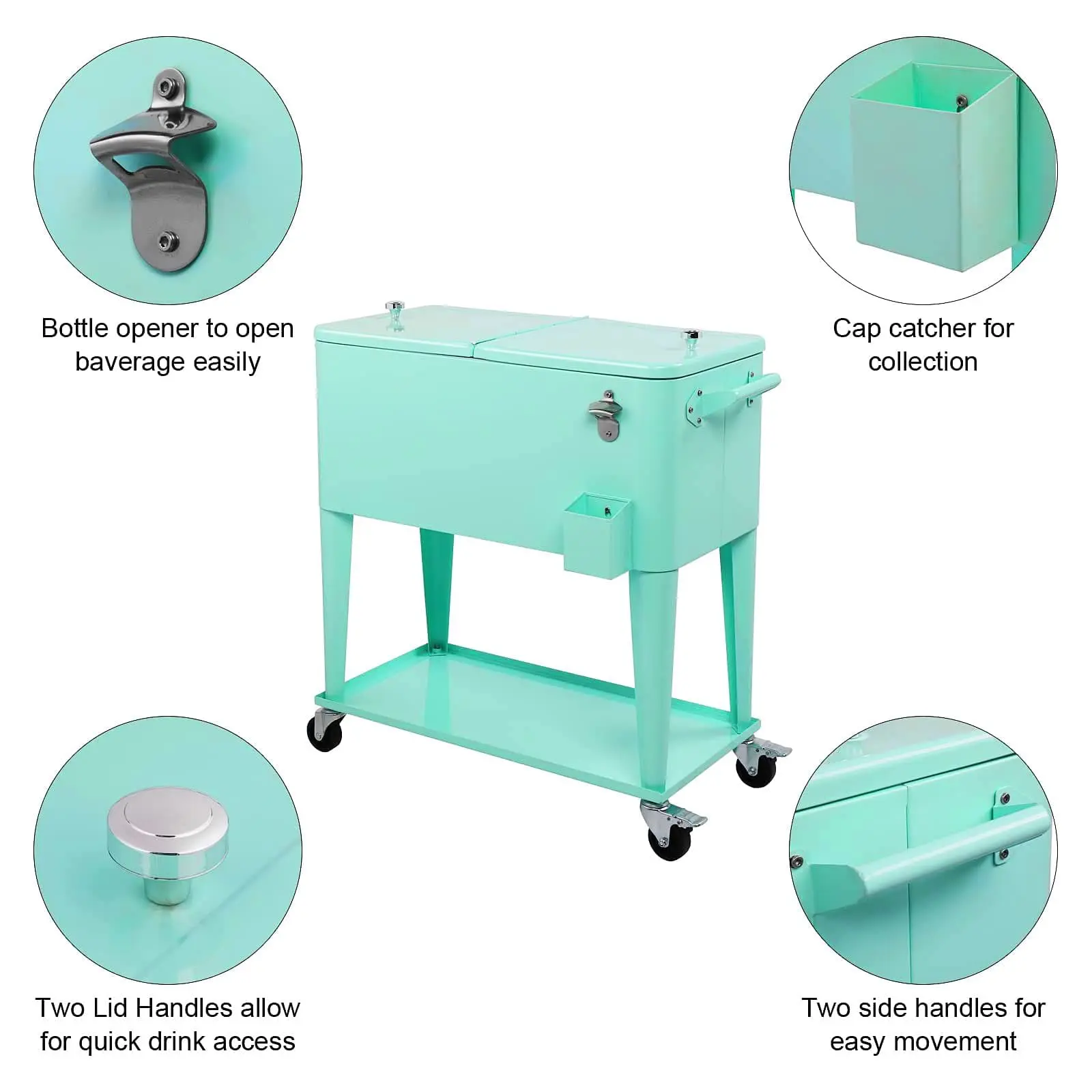 80 Quart Rolling Cooler Cart/Portable Patio Cooler, Outdoor Steel Rolling Cooler Cart for Cookouts, Tailgating, BBQ w/Bottle Opener, Catch Tray, Drain Plug, and Locking Wheels - Image 3