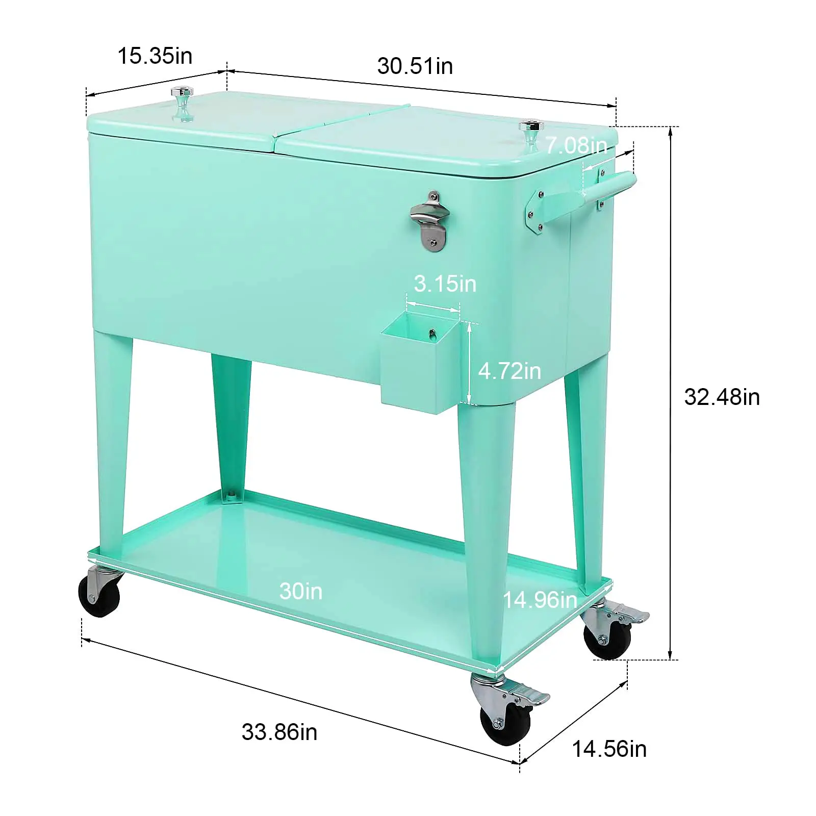 80 Quart Rolling Cooler Cart/Portable Patio Cooler, Outdoor Steel Rolling Cooler Cart for Cookouts, Tailgating, BBQ w/Bottle Opener, Catch Tray, Drain Plug, and Locking Wheels - Image 4