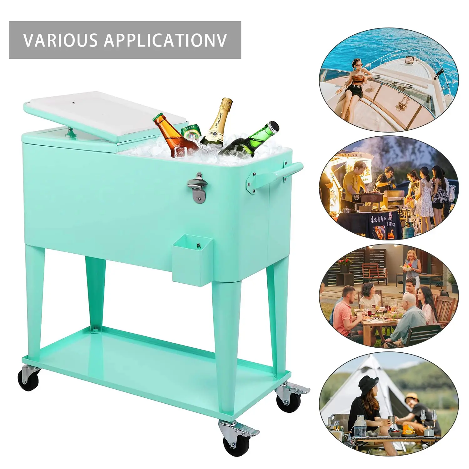 80 Quart Rolling Cooler Cart/Portable Patio Cooler, Outdoor Steel Rolling Cooler Cart for Cookouts, Tailgating, BBQ w/Bottle Opener, Catch Tray, Drain Plug, and Locking Wheels - Image 5