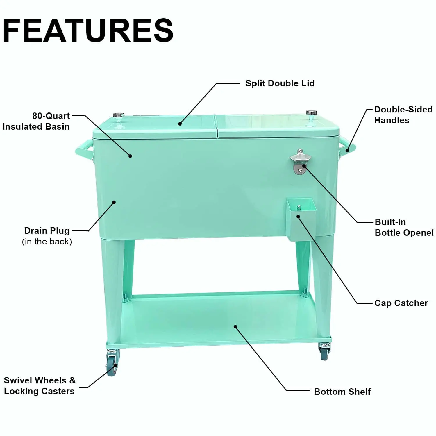 80 Quart Rolling Cooler Cart/Portable Patio Cooler, Outdoor Steel Rolling Cooler Cart for Cookouts, Tailgating, BBQ w/Bottle Opener, Catch Tray, Drain Plug, and Locking Wheels - Image 7