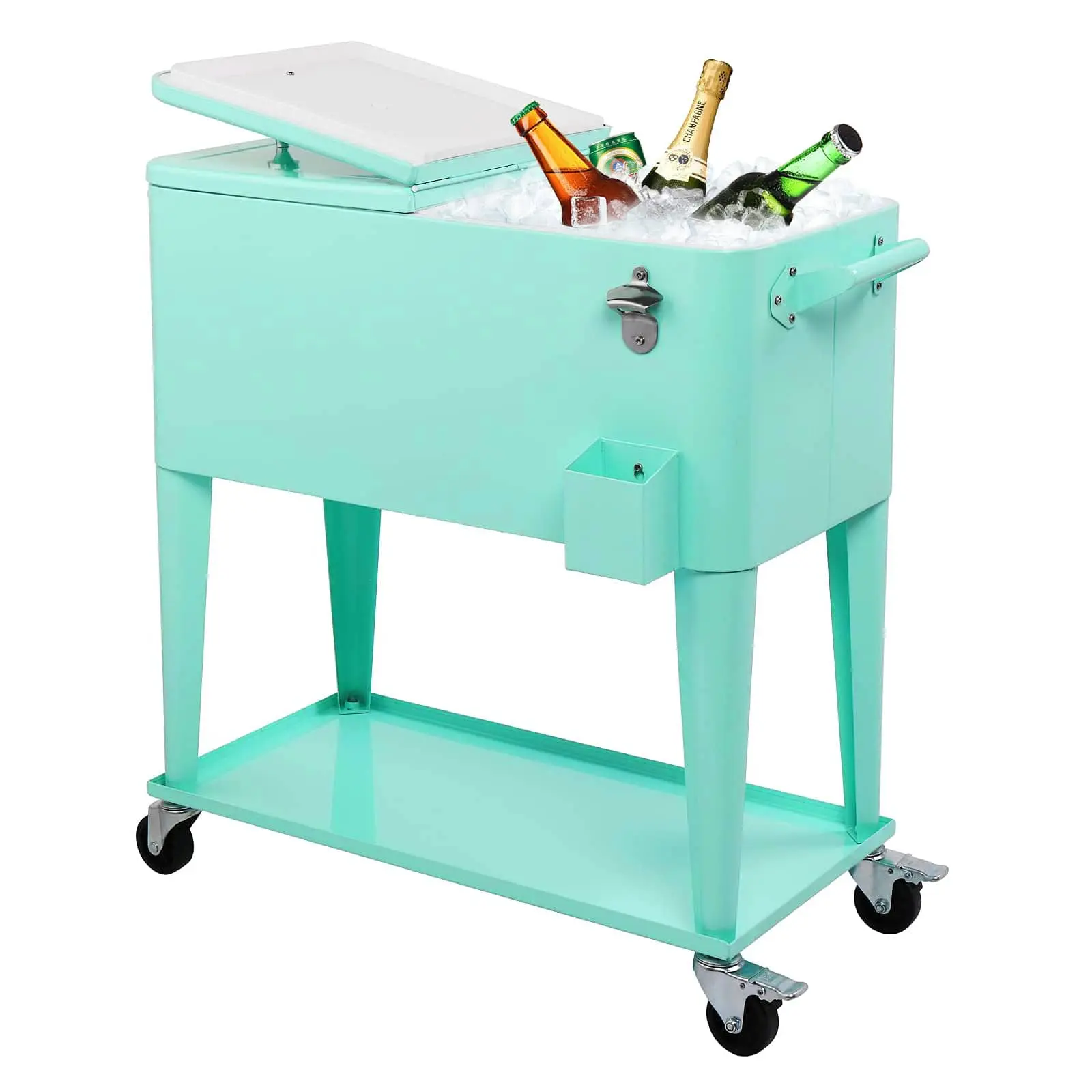 80 Quart Rolling Cooler Cart/Portable Patio Cooler, Outdoor Steel Rolling Cooler Cart for Cookouts, Tailgating, BBQ w/Bottle Opener, Catch Tray, Drain Plug, and Locking Wheels - Image 8