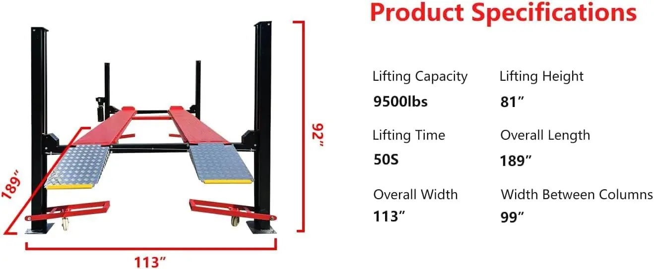 9,500 LBS 4-Post Car Lift, Extra Tall & Wide Parking and Storage Auto Lift with 79" Max Height, 3.0HP Heavy-Duty Hydraulic System for Garage, Parking, or Workshop Use, 1 Year Warranty - Image 5