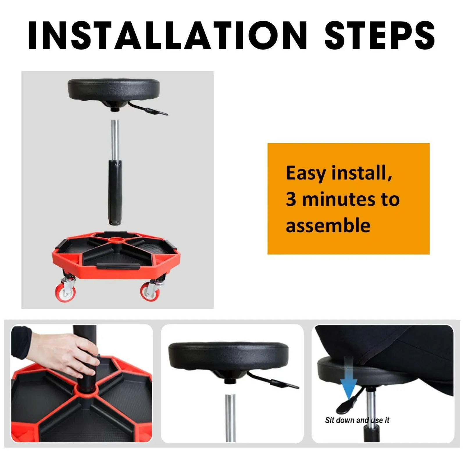 BIG RED Adjustable Rolling Creeper Seat with Detachable Tool Tray - Image 5