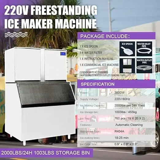 Commercial Ice Maker Machine 2000lbs/24H 220V Automatic Cleaning Ice Machine 1003lbs Ice Storage Capacity Professional Refrigeration Equipment - Image 2