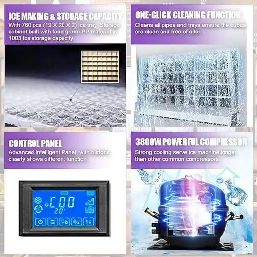 Commercial Ice Maker Machine 2000lbs/24H 220V Automatic Cleaning Ice Machine 1003lbs Ice Storage Capacity Professional Refrigeration Equipment - Image 4