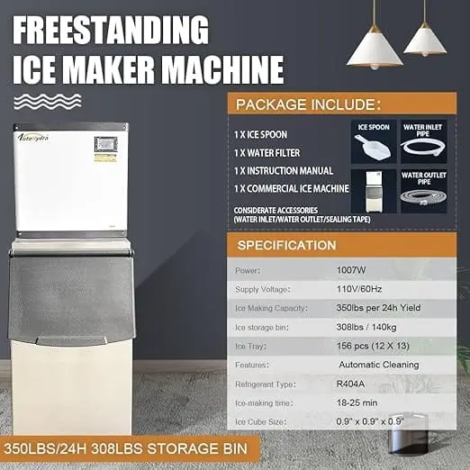 Commercial Ice Maker Machine 350lbs/24H 110V Automatic Cleaning Ice Machine 308lbs Ice Storage Capacity Professional Refrigeration Equipment - Image 2