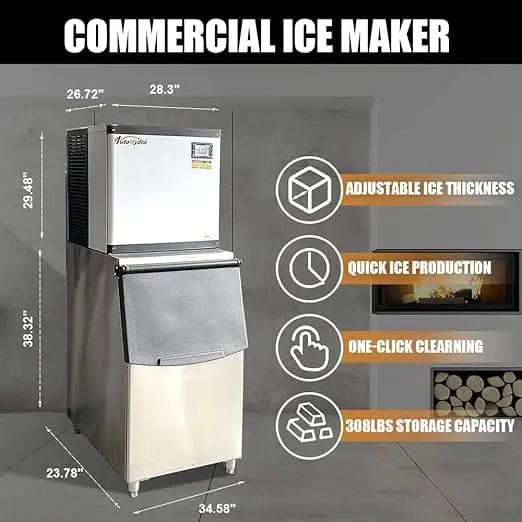 Commercial Ice Maker Machine 350lbs/24H 110V Automatic Cleaning Ice Machine 308lbs Ice Storage Capacity Professional Refrigeration Equipment - Image 3