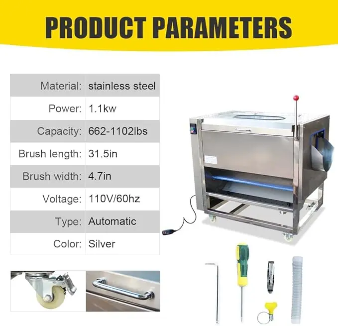 Commercial Potato Peeler and Washer 300-500 KG/Hour Capacity 1100W Roller Brush Type Potato Peeling Machine (Potato Peeler & Washer) - Image 2