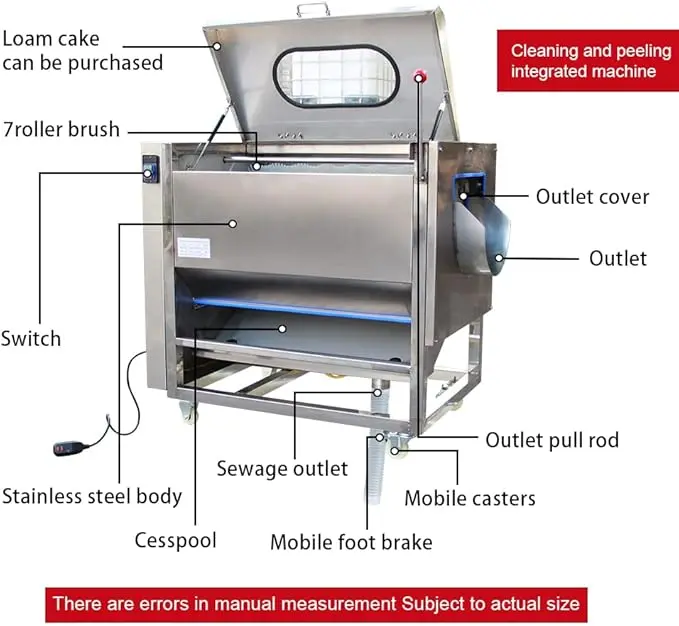 Commercial Potato Peeler and Washer 300-500 KG/Hour Capacity 1100W Roller Brush Type Potato Peeling Machine (Potato Peeler & Washer) - Image 4