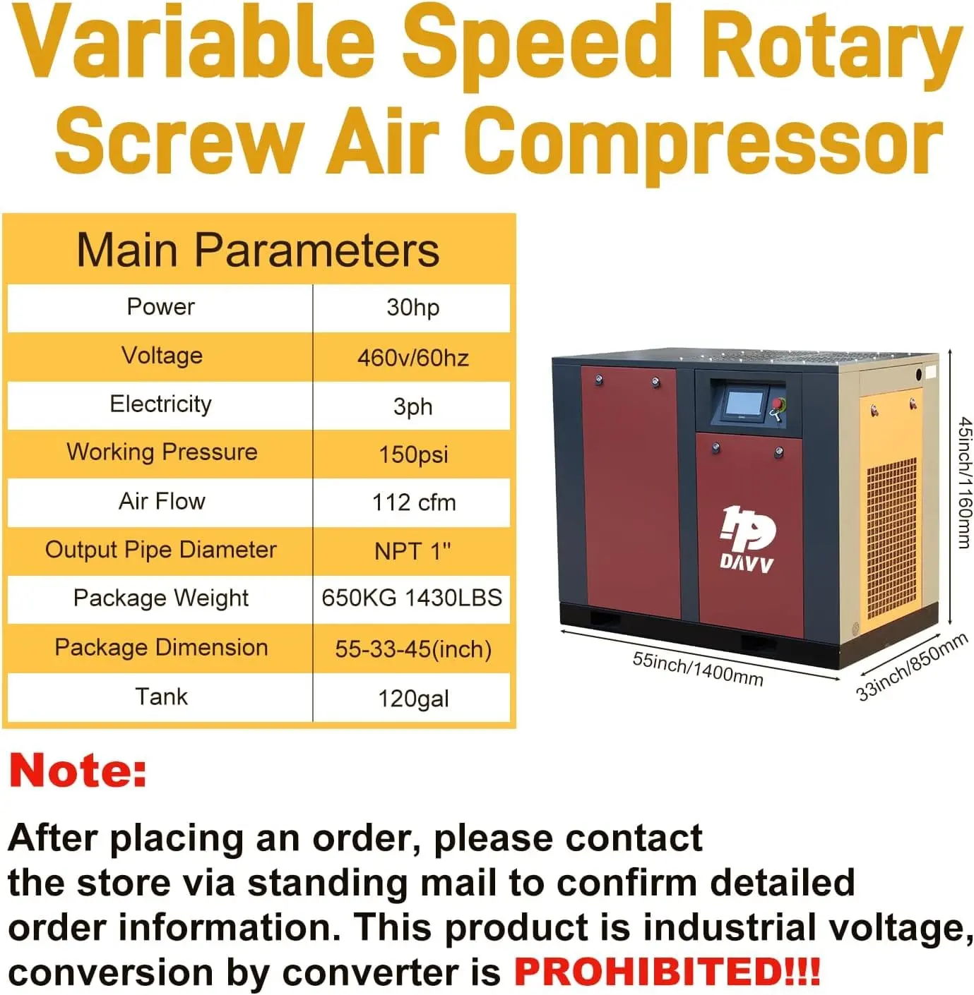 DAVV Heavy-Duty Industrial Rotary Screw Air Compressor with Variable Frequency Drive - 30HP (22KW), 112 CFM @ 150 PSI, 460V 3-Phase, High-Efficiency Performance - Image 2