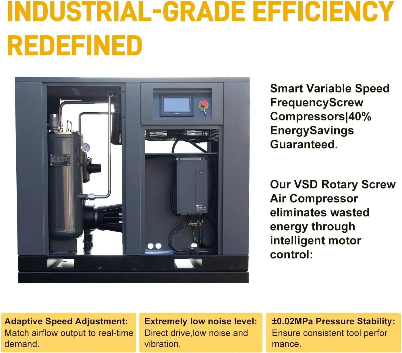 DAVV Heavy-Duty Industrial Rotary Screw Air Compressor with Variable Frequency Drive - 30HP (22KW), 112 CFM @ 150 PSI, 460V 3-Phase, High-Efficiency Performance - Image 3