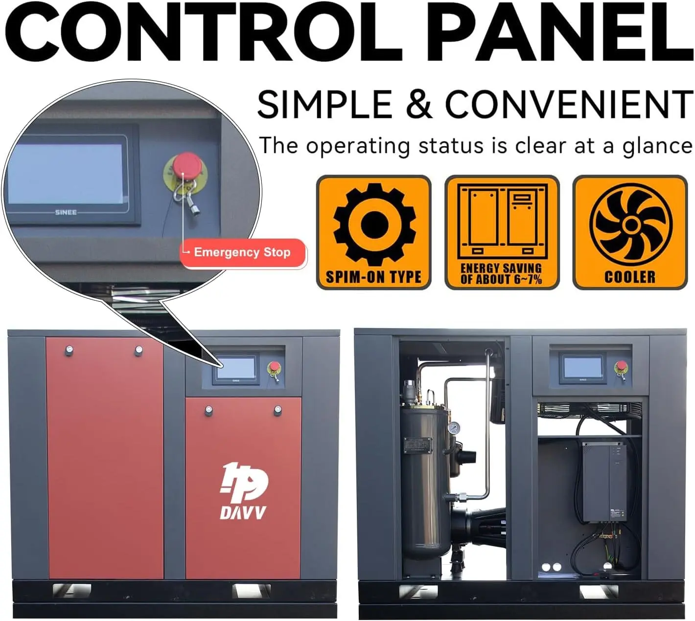 DAVV Heavy-Duty Industrial Rotary Screw Air Compressor with Variable Frequency Drive - 30HP (22KW), 112 CFM @ 150 PSI, 460V 3-Phase, High-Efficiency Performance - Image 6