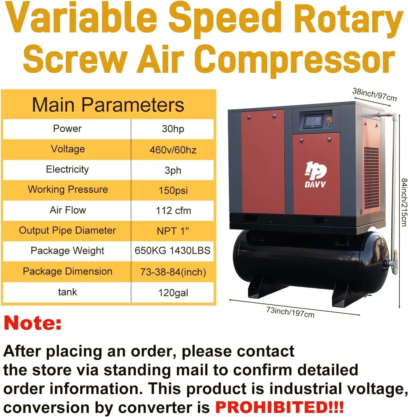 DAVV Heavy-Duty Variable Frequency Drive Rotary Screw Air Compressor System - 30HP (22KW), 112CFM @ 150PSI, 120 Gallon ASME Tank, 460V 3-Phase, Industrial Base-Mounted - Image 2