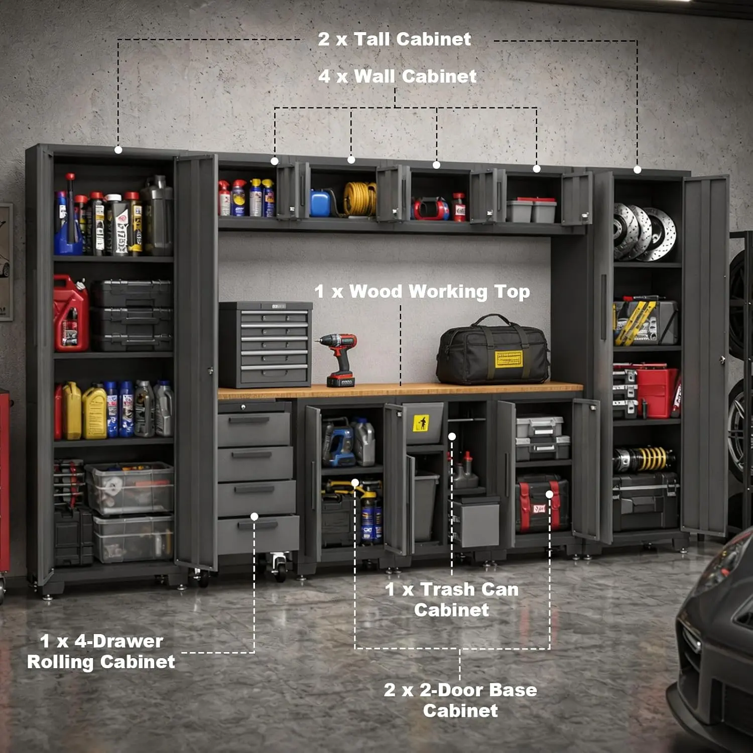 Garage Cabinets Storage System, 12-Pcs Included Steel Cabinets Drawers Rolling Chest and Trash Can Cabinet, Locked Storage Cabinet, Perfect for Organizing Garage and Tools, 2-Year Warranty - Image 5