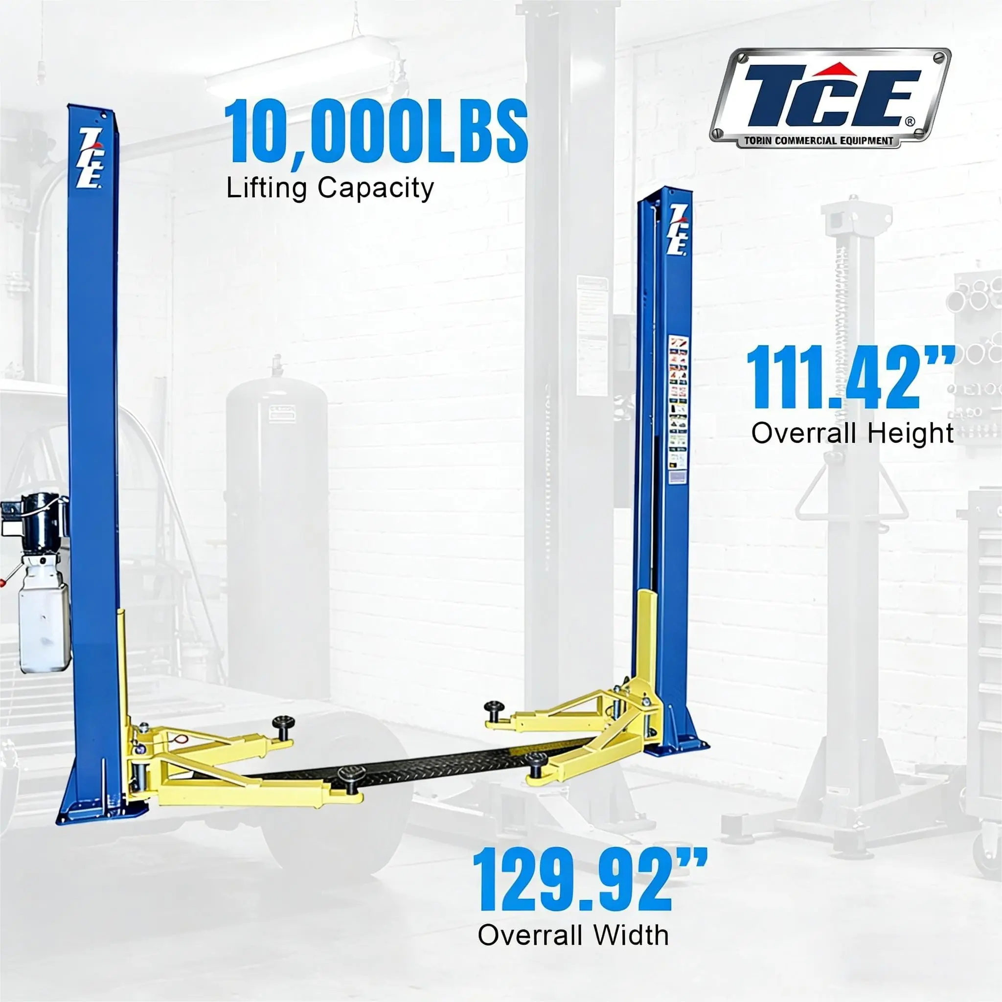 TCE 2-Post Car Lift, 220V, 10,000 lb Capacity, Foot Plate, Auto Truck Hoist Equipment with Adapters, 2-Year Warranty, TRJR-245LC - Image 3