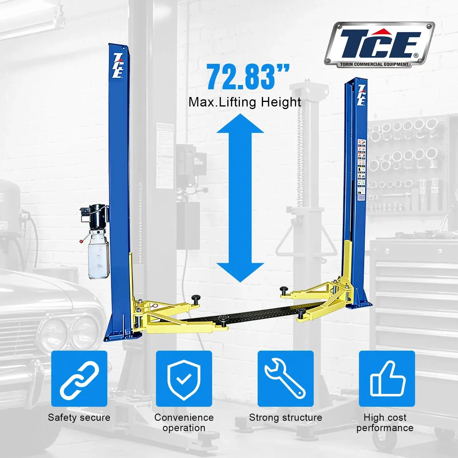 TCE 2-Post Car Lift, 220V, 10,000 lb Capacity, Foot Plate, Auto Truck Hoist Equipment with Adapters, 2-Year Warranty, TRJR-245LC - Image 4