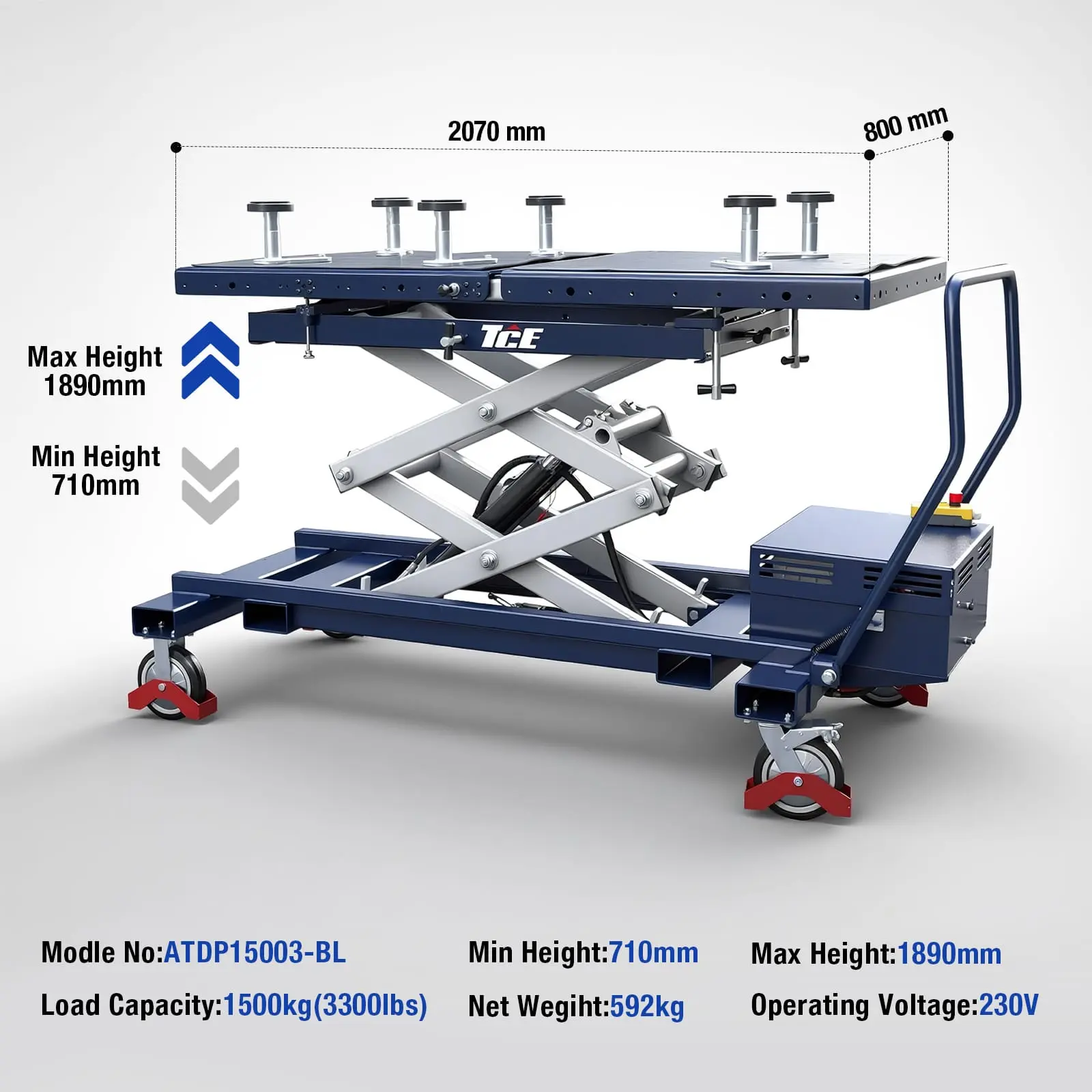 TCE 1.5Ton/3300lbs Electric Scissor Lift Table Cart for New Energy Vehicles, 3-Year Warranty, ATDP15003-BL - Image 5