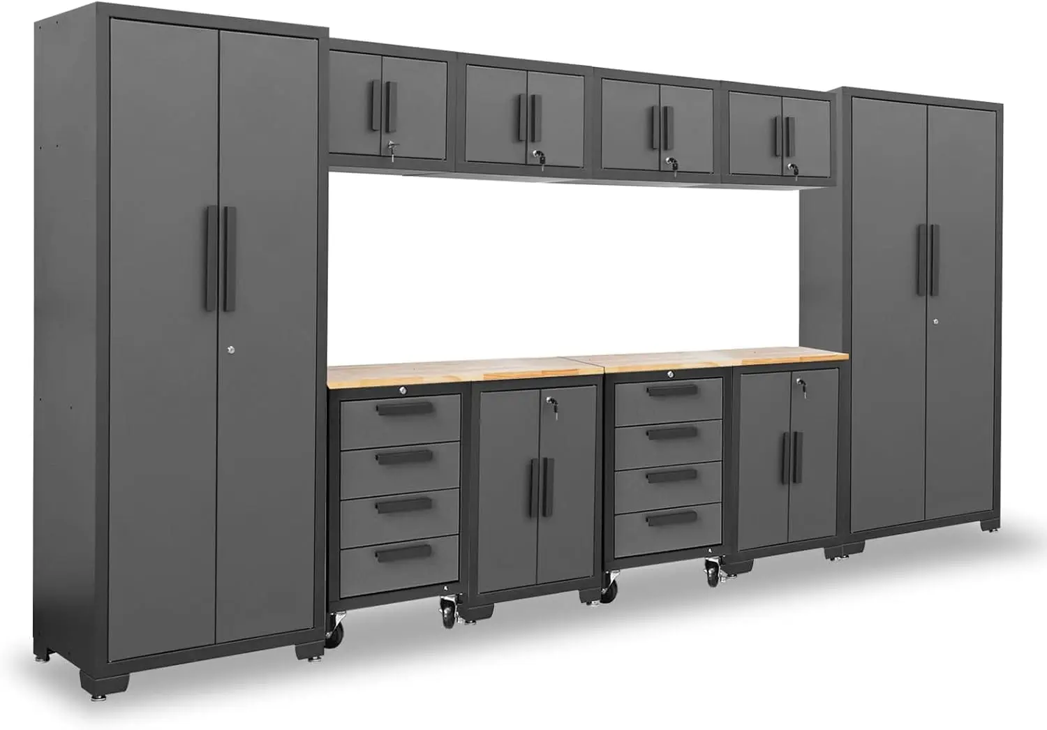 TCE 12 Piece Garage Storage Cabinet Set: Workshop Tool Organizer Chest with Lockers, Shelves and Wood Workbench, 2-Year Warranty