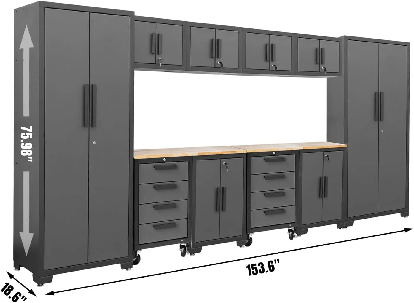 TCE 12 Piece Garage Storage Cabinet Set: Workshop Tool Organizer Chest with Lockers, Shelves and Wood Workbench, 2-Year Warranty - Image 2