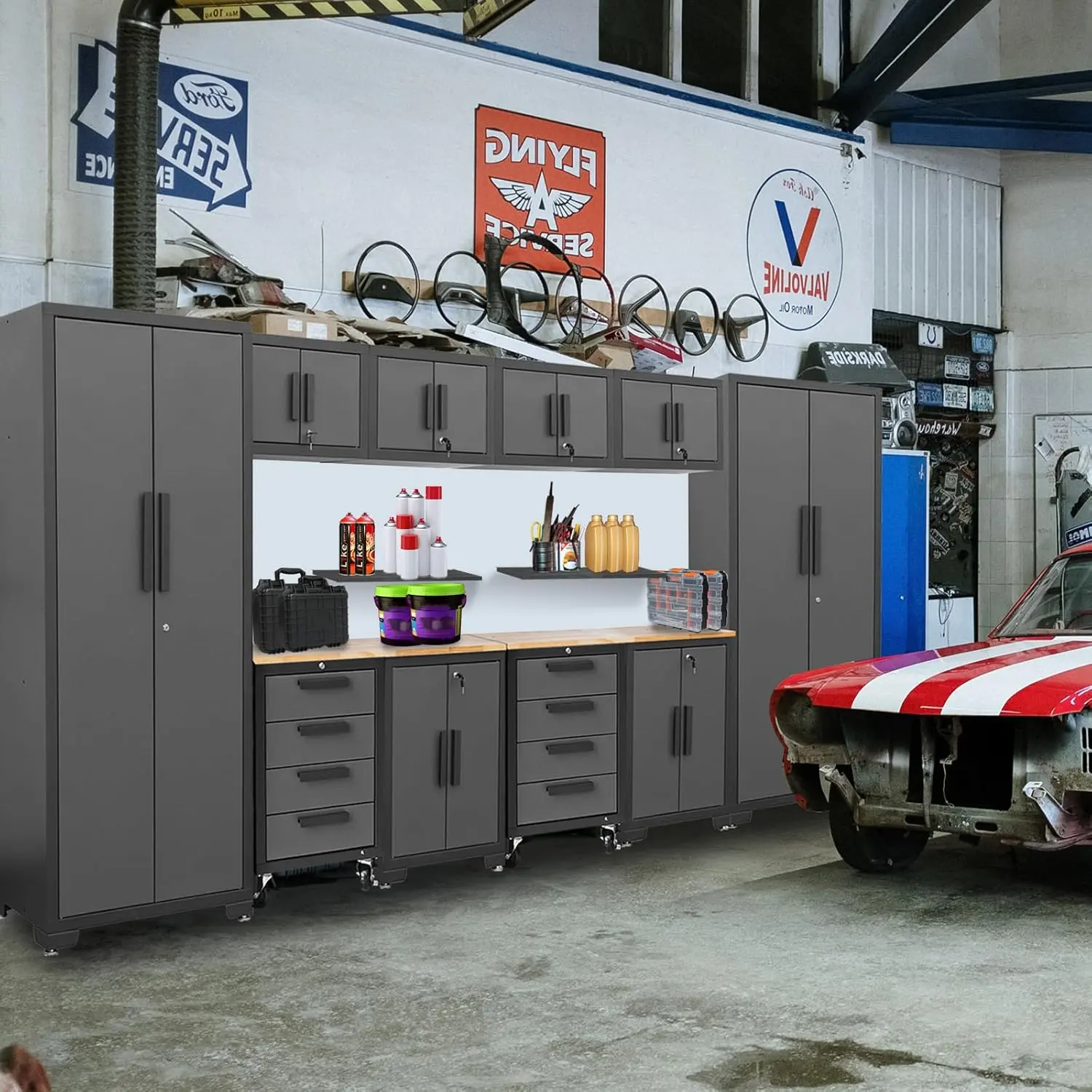 TCE 12 Piece Garage Storage Cabinet Set: Workshop Tool Organizer Chest with Lockers, Shelves and Wood Workbench, 2-Year Warranty - Image 3