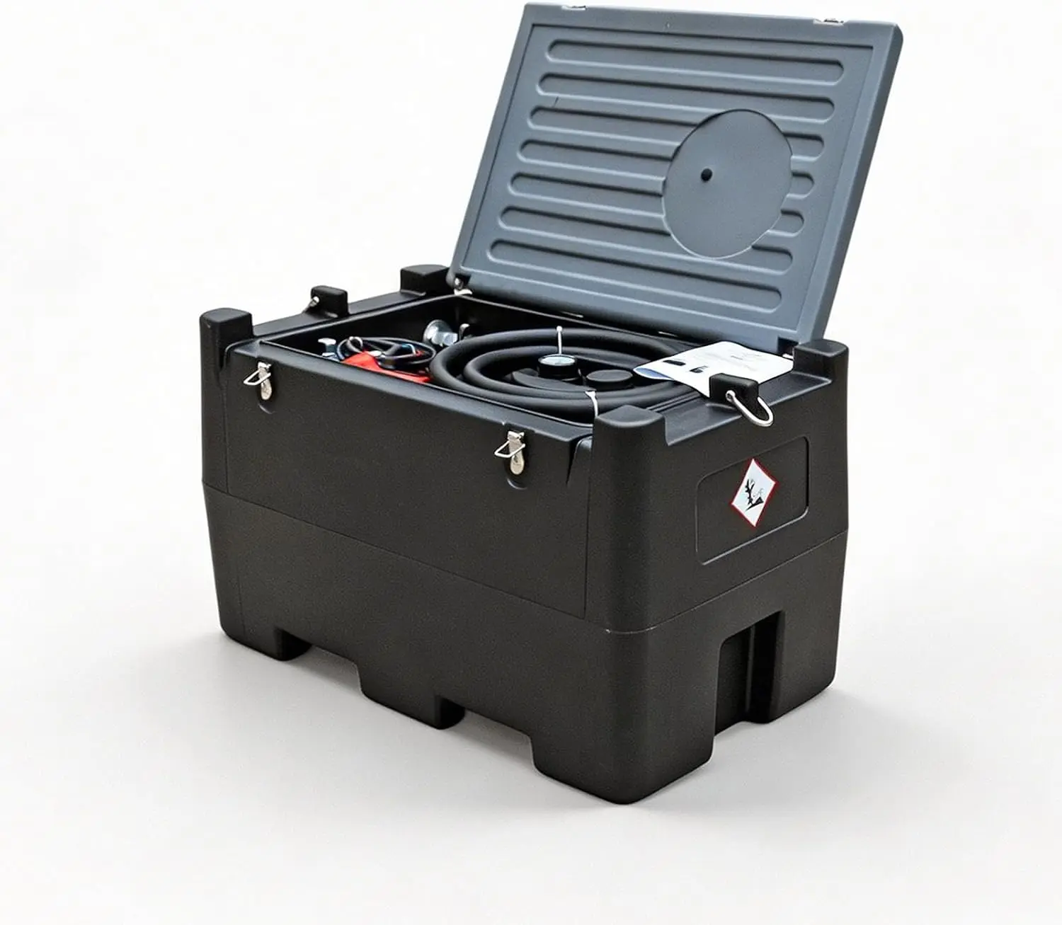 TCE 48 Gallon Capacity Portable Fuel Transfer Tank, Disesl Fuel Tank with 10.6 Gpm Flow Rate and 12V Transfer Tank Pump, 13.1ft Hose, for Easy Fuel Transportation Black and Grey