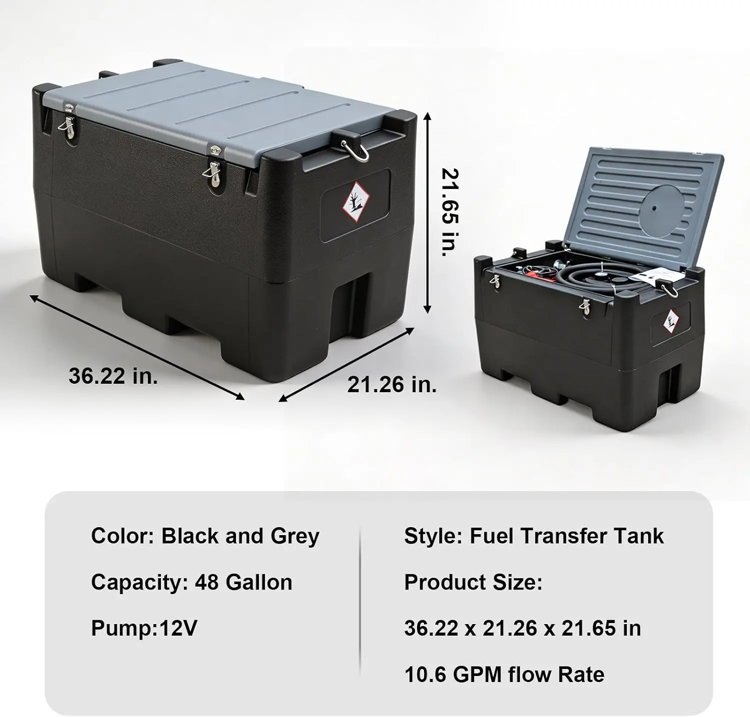 TCE 48 Gallon Capacity Portable Fuel Transfer Tank, Disesl Fuel Tank with 10.6 Gpm Flow Rate and 12V Transfer Tank Pump, 13.1ft Hose, for Easy Fuel Transportation Black and Grey - Image 2