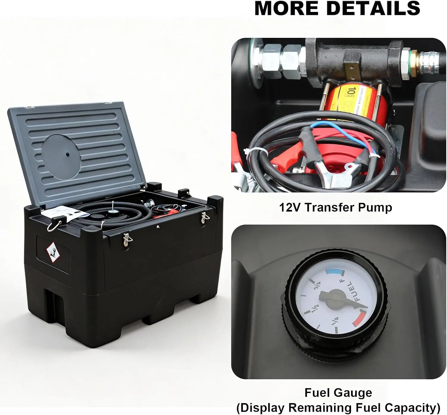 TCE 48 Gallon Capacity Portable Fuel Transfer Tank, Disesl Fuel Tank with 10.6 Gpm Flow Rate and 12V Transfer Tank Pump, 13.1ft Hose, for Easy Fuel Transportation Black and Grey - Image 3