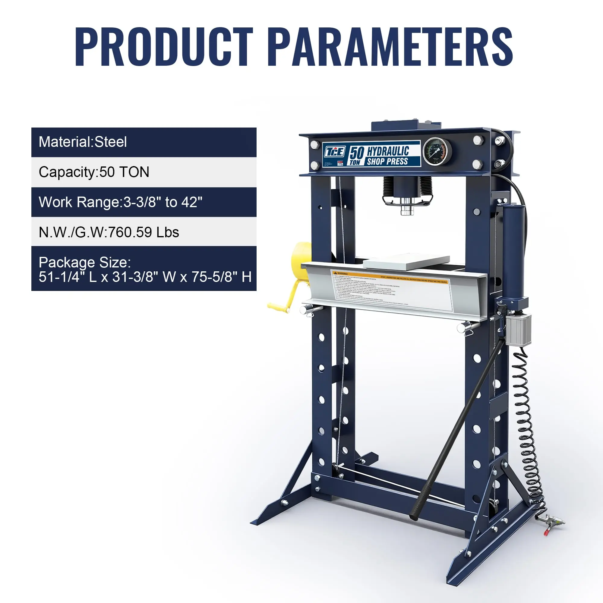TCE 50 Ton H-Frame Pneumatic Shop Press, 2 Year Warranty, TY50001-BL - Image 5