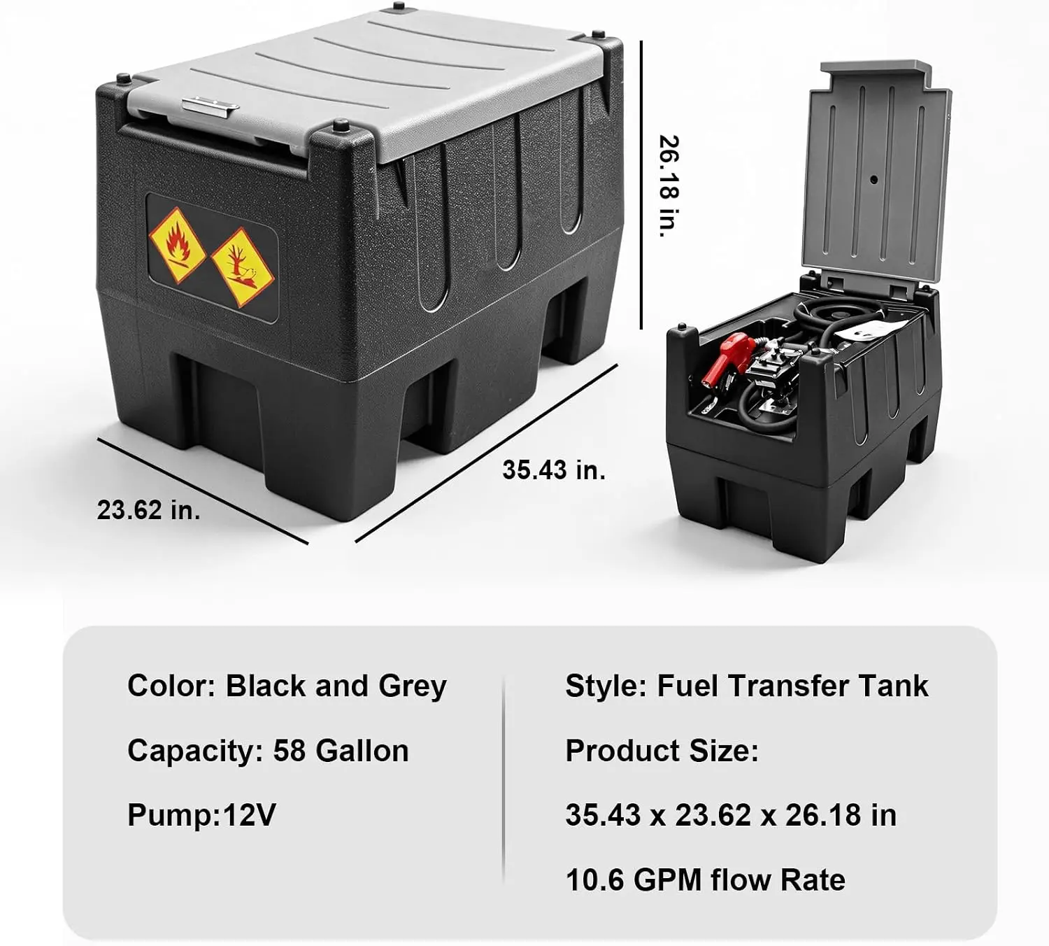 TCE 58 Gallon Capacity Portable Disesl Transfer Tank, Disesl Can with 10.6 Gpm Flow Rate and 12V Transfer Tank Pump, 13.1ft Hose, for Easy Disesl Transportation Black and Grey - Image 2