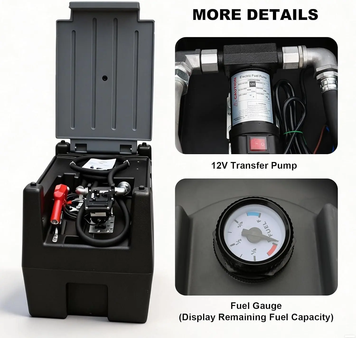 TCE 58 Gallon Capacity Portable Disesl Transfer Tank, Disesl Can with 10.6 Gpm Flow Rate and 12V Transfer Tank Pump, 13.1ft Hose, for Easy Disesl Transportation Black and Grey - Image 3
