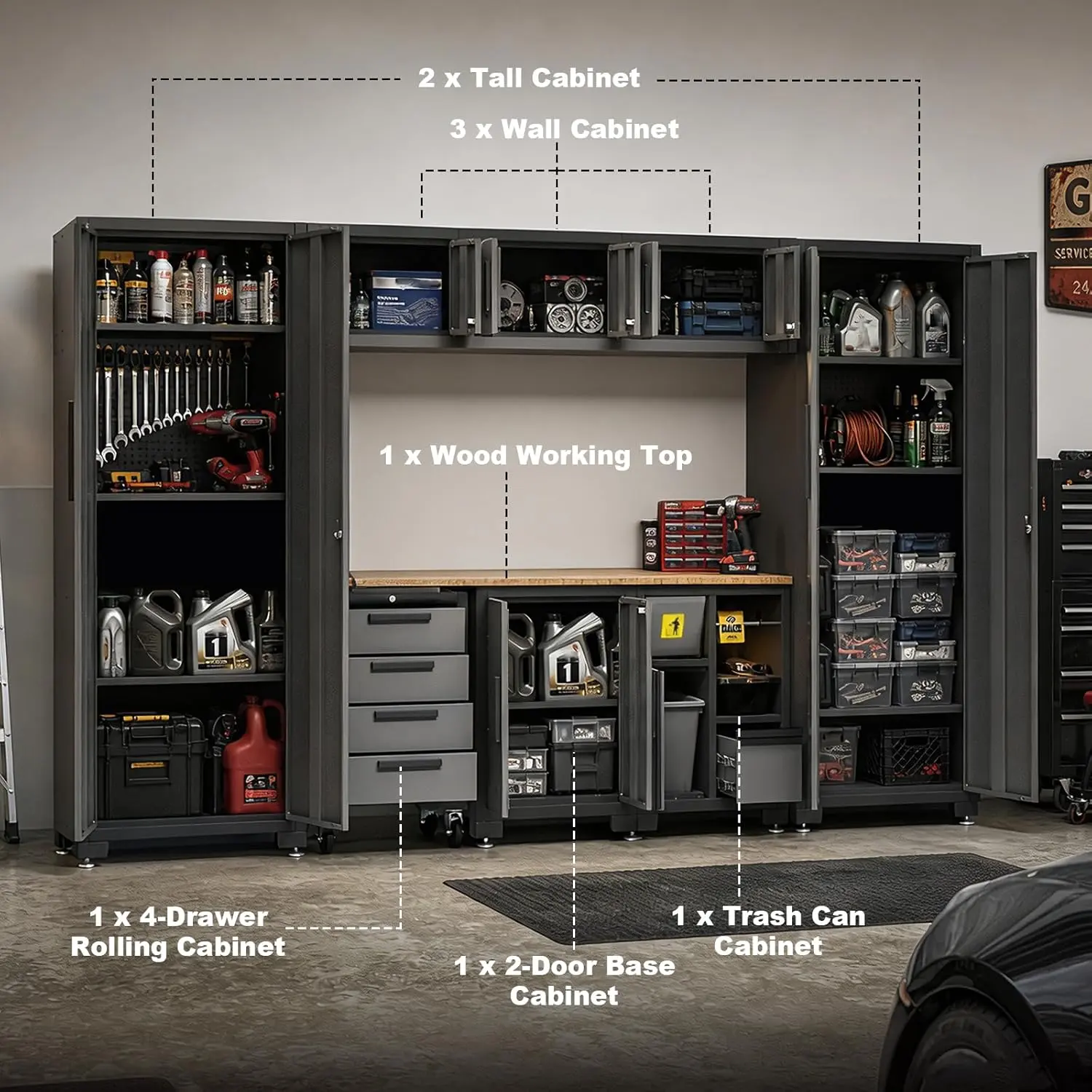 Tce Garage Cabinets Storage System, 9-Pcs Included Steel Cabinets Drawers Rolling Chest and Trash Can Cabinet, Locked Storage Cabinet, Perfect for Organizing Garage and Tools, 2-Year Warranty - Image 7