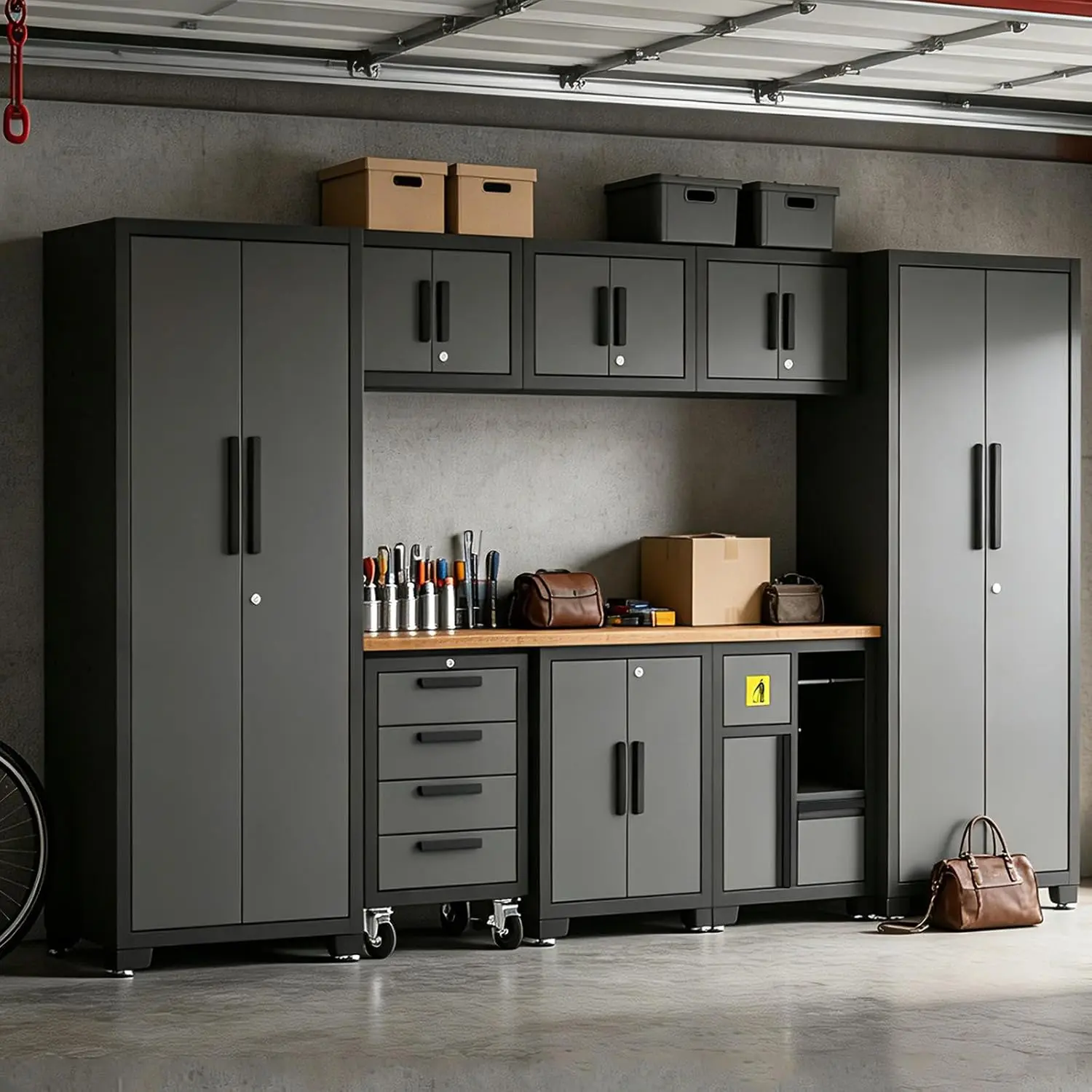 Tce Garage Cabinets Storage System, 9-Pcs Included Steel Cabinets Drawers Rolling Chest and Trash Can Cabinet, Locked Storage Cabinet, Perfect for Organizing Garage and Tools, 2-Year Warranty - Image 8