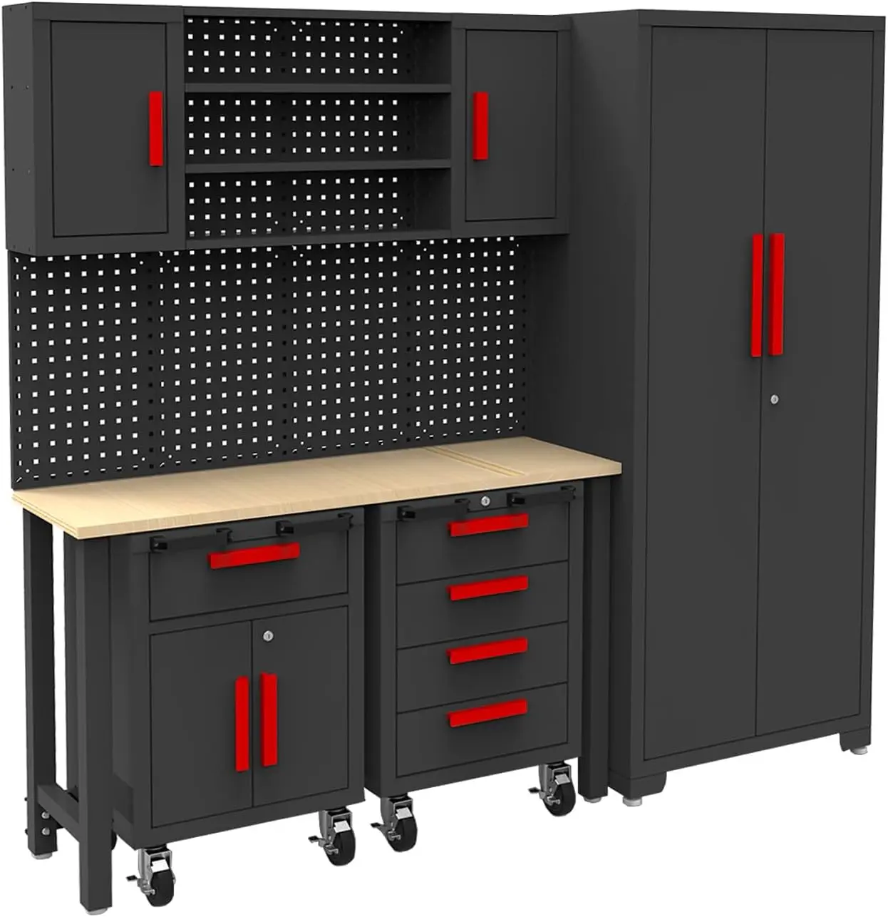 TCE Garage Storage Cabinets System, 6-Pcs Workshop Cabinet Set in Black, Included Steel Cabinets Drawers Rolling Chest and Pegboard,Locked Garage Storage Cabinet, 2-Year Warranty