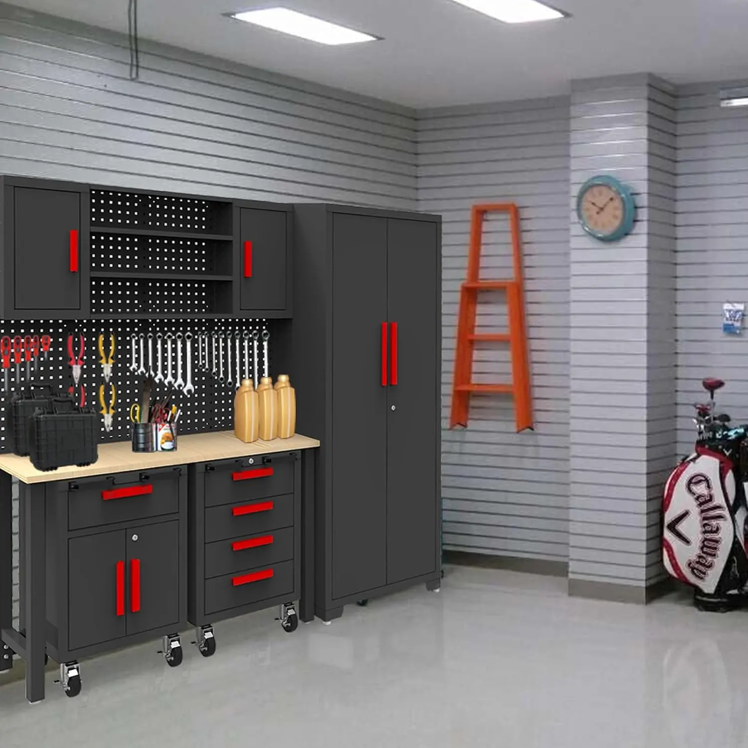 TCE Garage Storage Cabinets System, 6-Pcs Workshop Cabinet Set in Black, Included Steel Cabinets Drawers Rolling Chest and Pegboard,Locked Garage Storage Cabinet, 2-Year Warranty - Image 2
