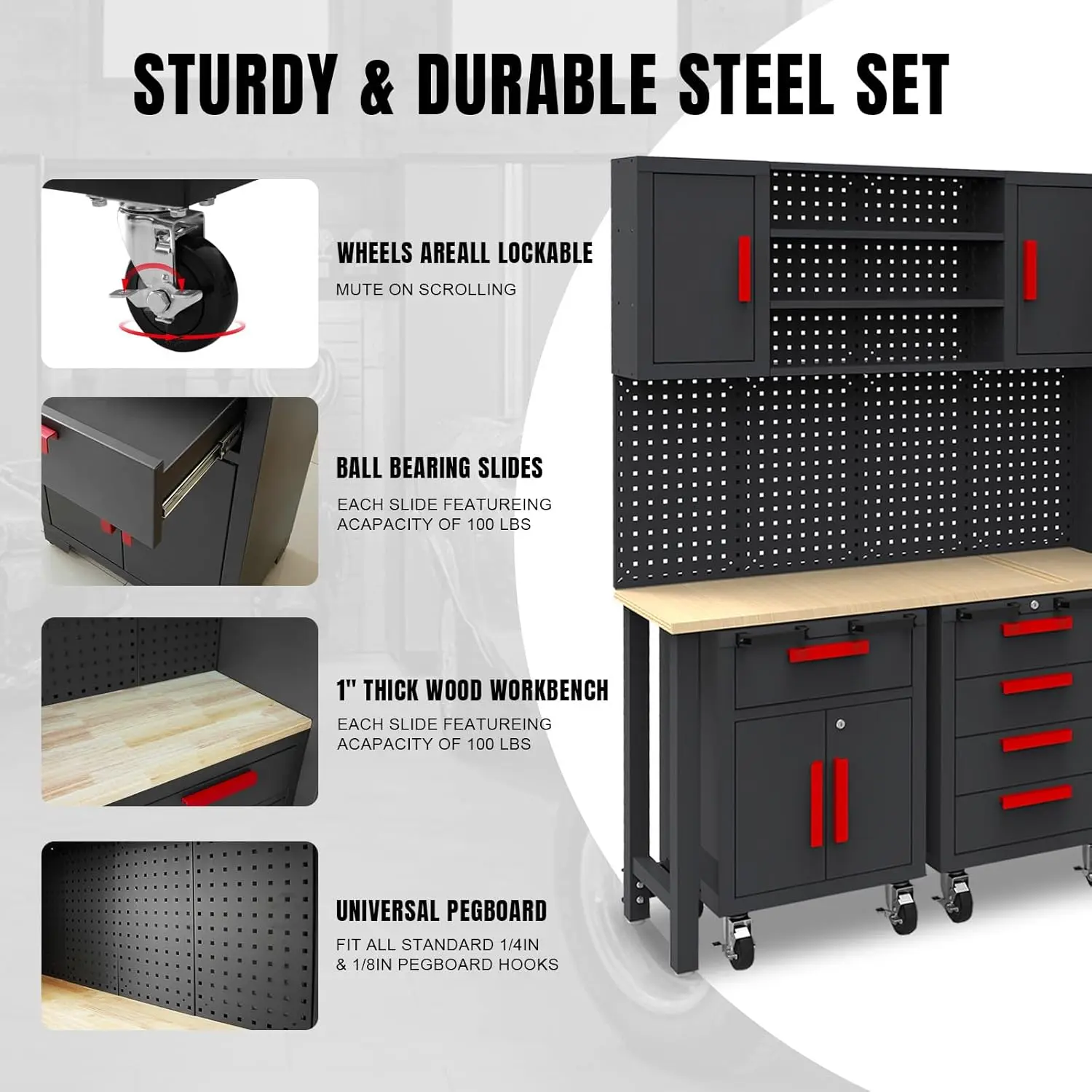 TCE Garage Storage Cabinets System, 6-Pcs Workshop Cabinet Set in Black, Included Steel Cabinets Drawers Rolling Chest and Pegboard,Locked Garage Storage Cabinet, 2-Year Warranty - Image 6
